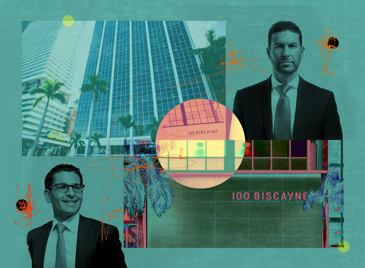 East End Capital’s David Peretz (left) and Jonathan Yormak, with 100 North Biscayne Boulevard in Miami