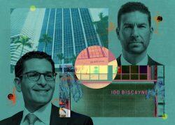 East End Capital’s David Peretz (left) and Jonathan Yormak, with 100 North Biscayne Boulevard in Miami