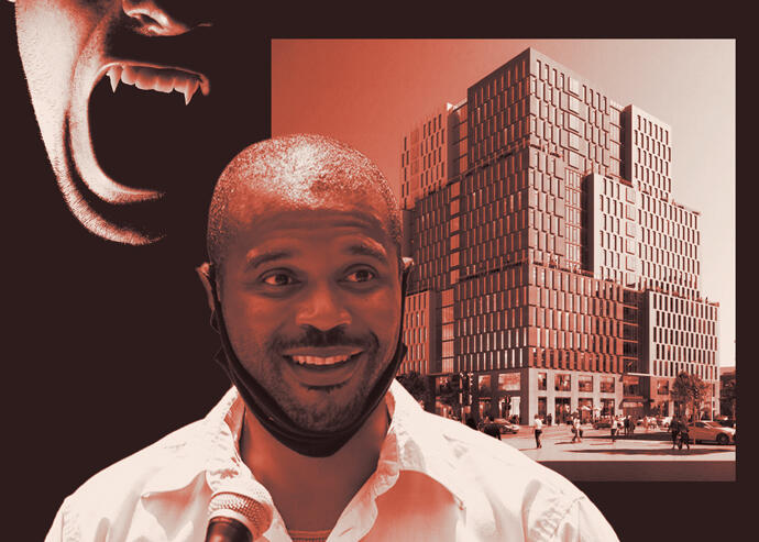 State Sen. Jabari Brisport and a rendering of 840 Atlantic Avenue (Getty, IMC Architecture, iStock)