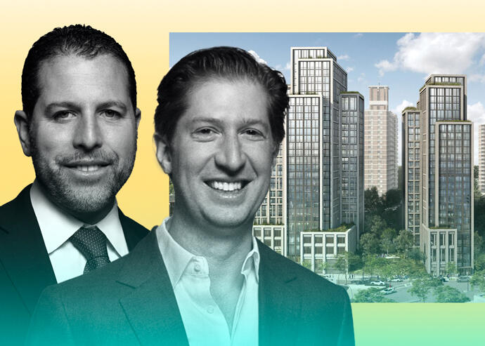 Madison Realty Capital Co-Founders Josh Zegen and Brian Shatz with a rendering of the River North development (Madison Realty Capital, FXCollaborative)