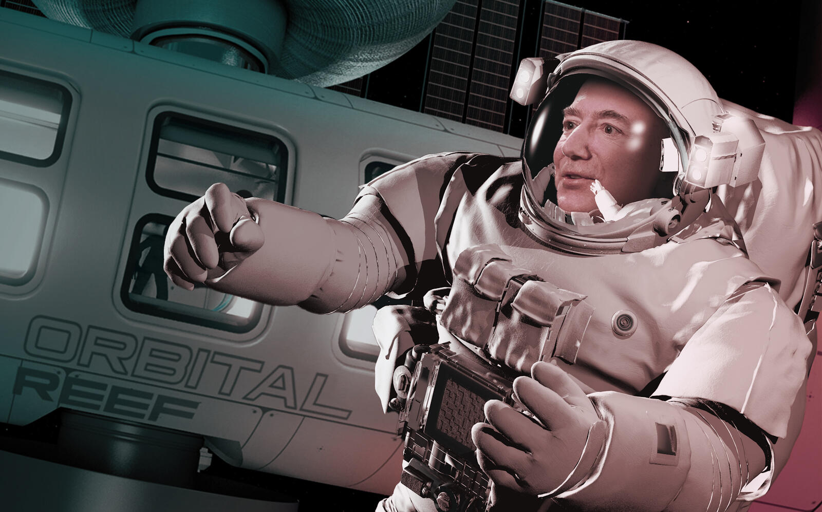 Photo Illustration of Jeff Bezos with a rendering of the space station (Getty, Orbital Reef)