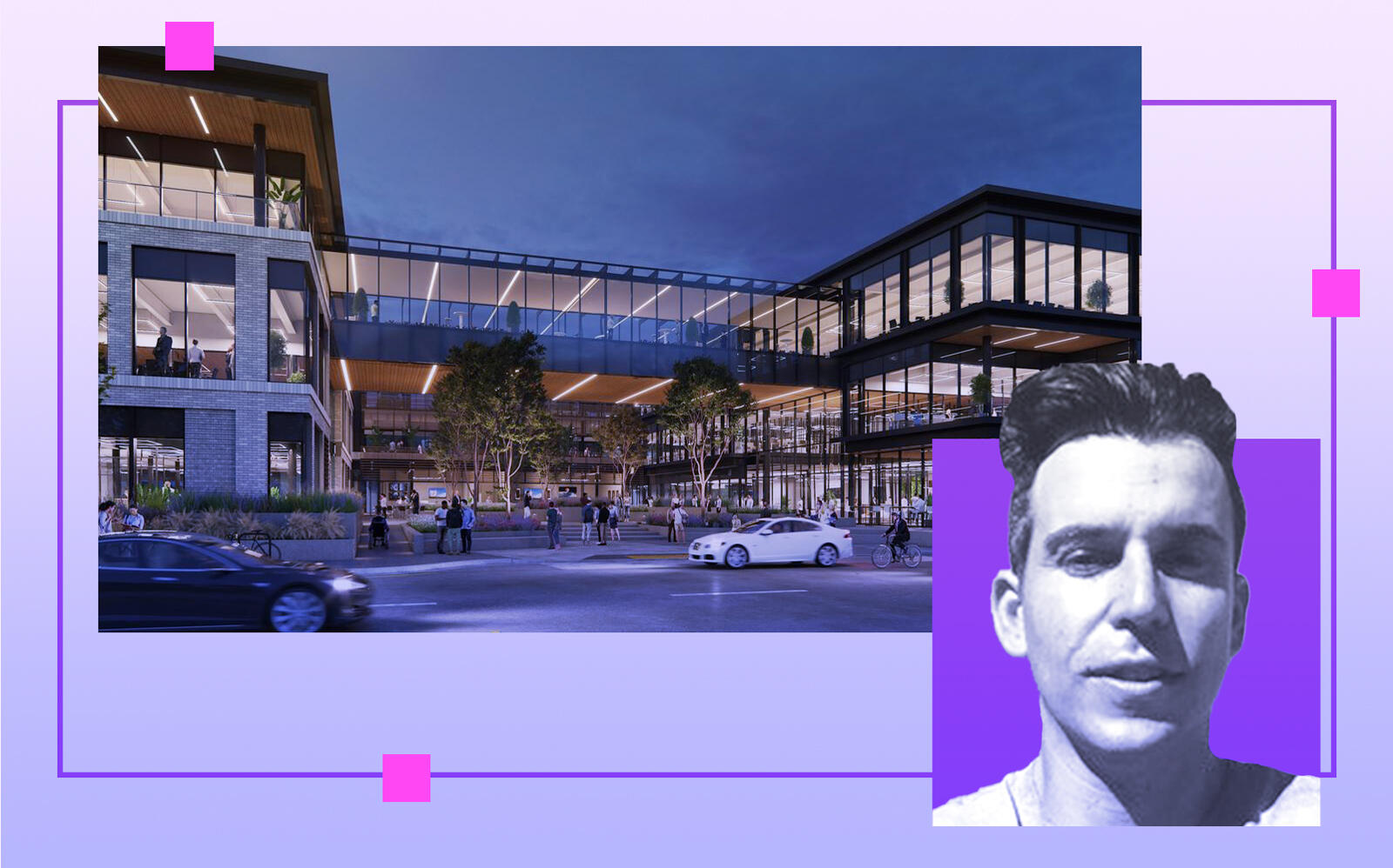 Premia Capital's Michael Halow and a rendering of the warehouse (LinkedIn, Rendering via Brick Architect)