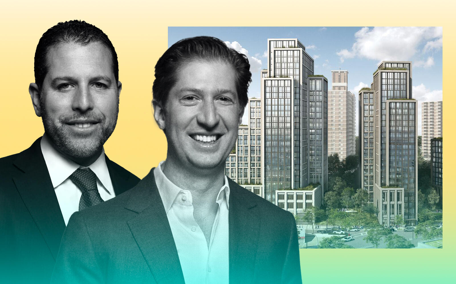 Madison Realty Capital Co-Founders Josh Zegen and Brian Shatz with a rendering of the River North development (Madison Realty Capital, FXCollaborative)