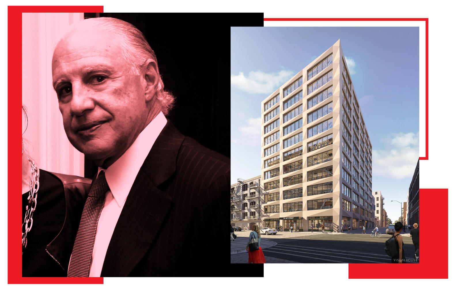 Minskoff Equities' Edward Minskoff and a previous rendering of 29 Jay Street (Getty, Marvel Architects)