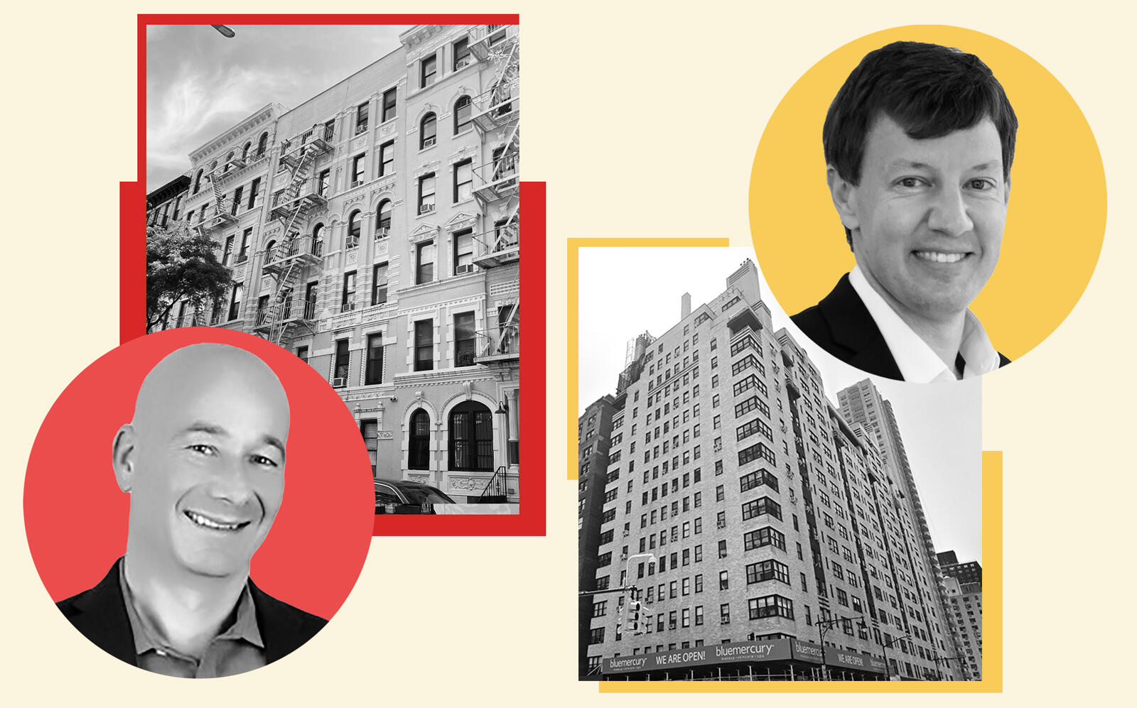 From left: Gaia Real Estate CEO Danny Fishman with 50-58 East Third Street and A&E’s James Patchett, 400 East 57th Street (LinkedIn, Google Maps, A&E)