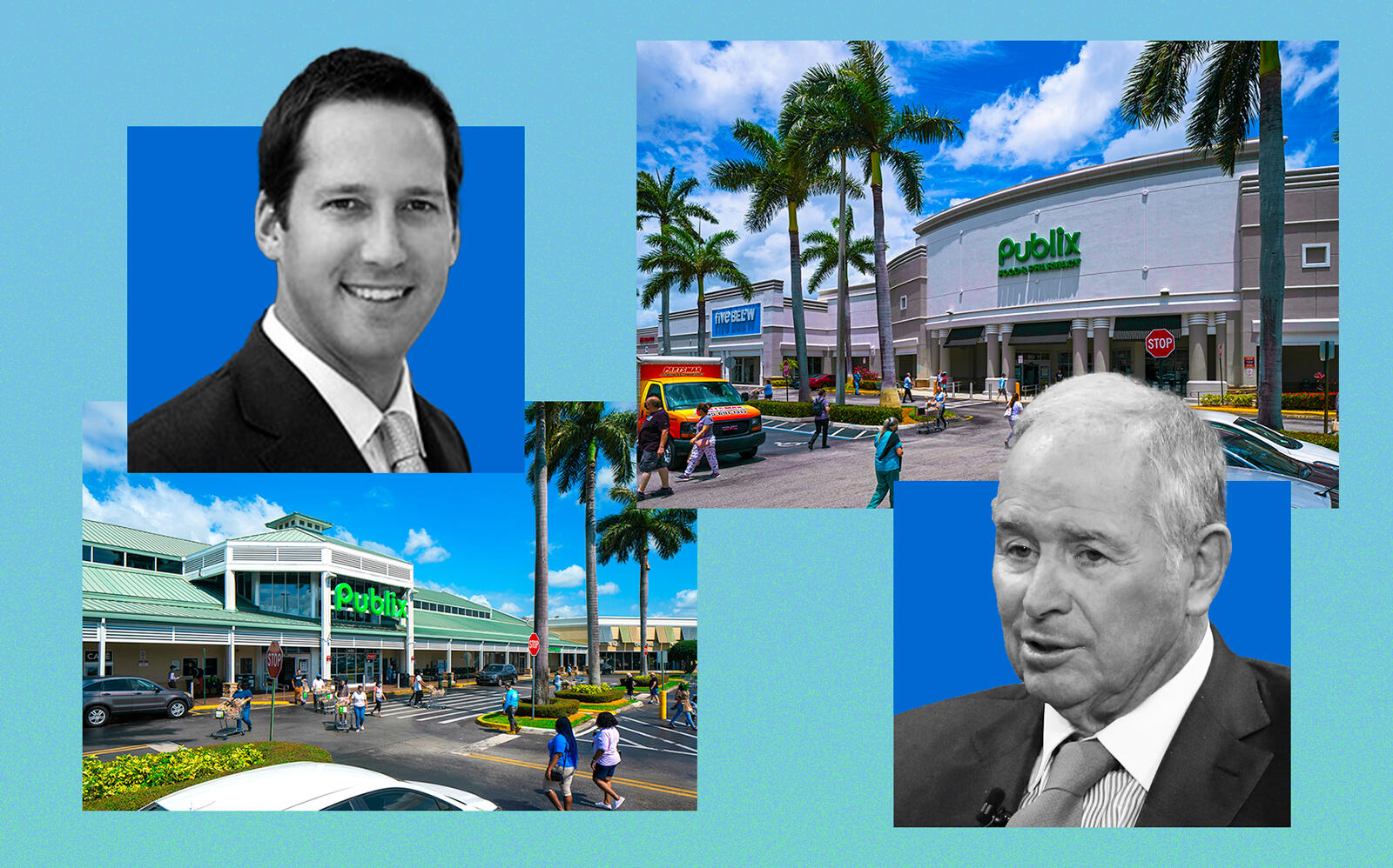 Kimco CEO Conor Flynn and Blackstone CEO Stephen Schwarzman with the Publix-anchored retail centers (Getty, LinkedIn, JLL)