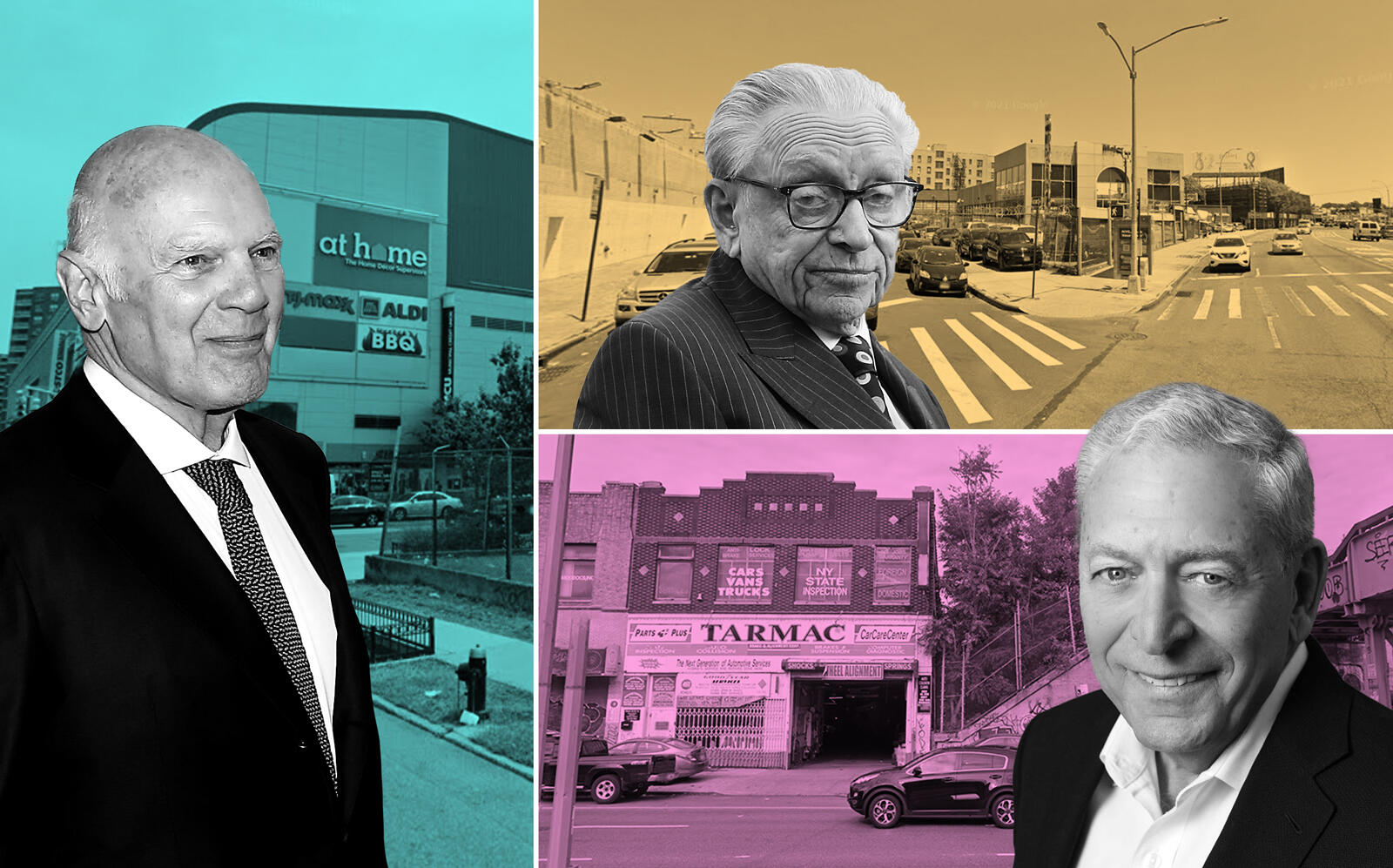Clockwise from left: Vornado's Steven Roth with 61-19 Junction Boulevard, Rego Park, Silverstein Properties' Larry Silverstein with 44-01 Northern Boulevard in Astoria and BEB Capital's Bert Brodsky with 1065 Atlantic Avenue in Bedford–Stuyvesant (Images via Google Maps, Getty Images, BEB Capital)