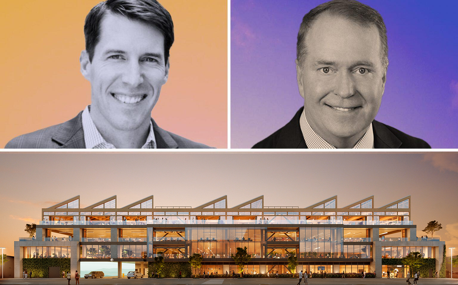 <em>LPC West Executive Vice President Rob Kane, Clarion Partners CEO David Gilbert and renderings of the project (LPC, Clarion, Gensler)</em>