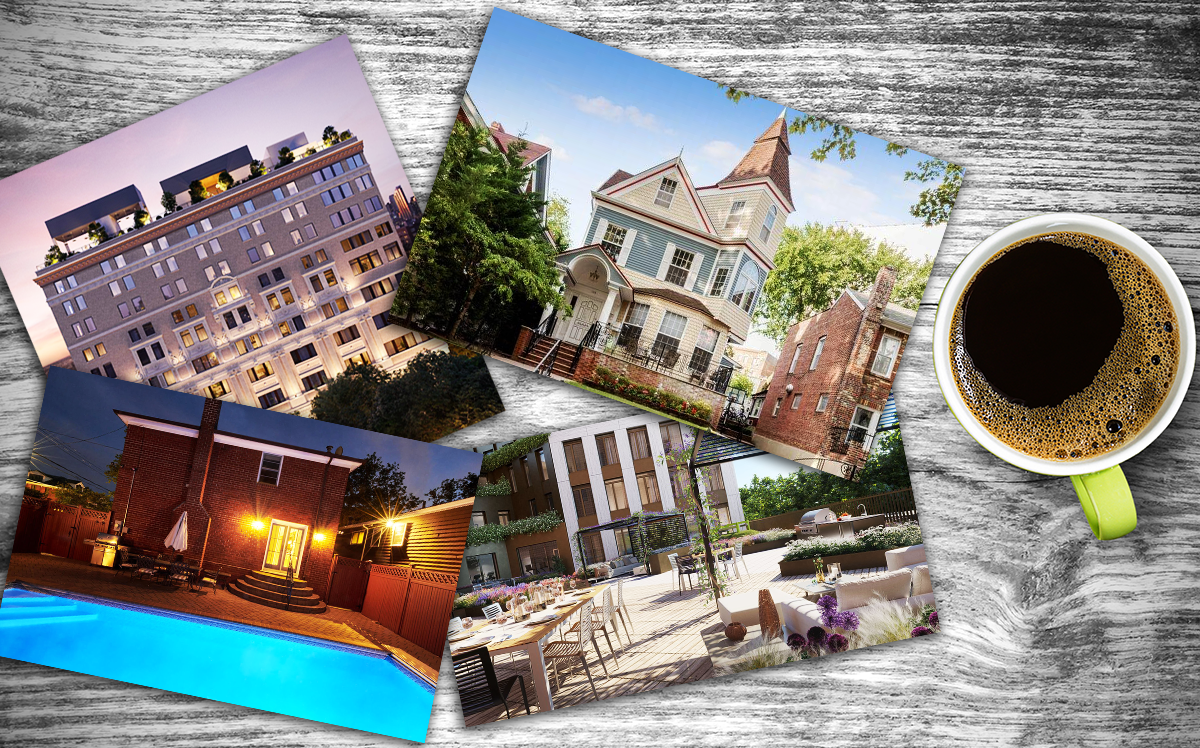 From top left: 1 Prospect Park West, 136 92nd Street, 8220 Colonial Road, 1 Clinton Street (StreetEasy, Compass, iStock)