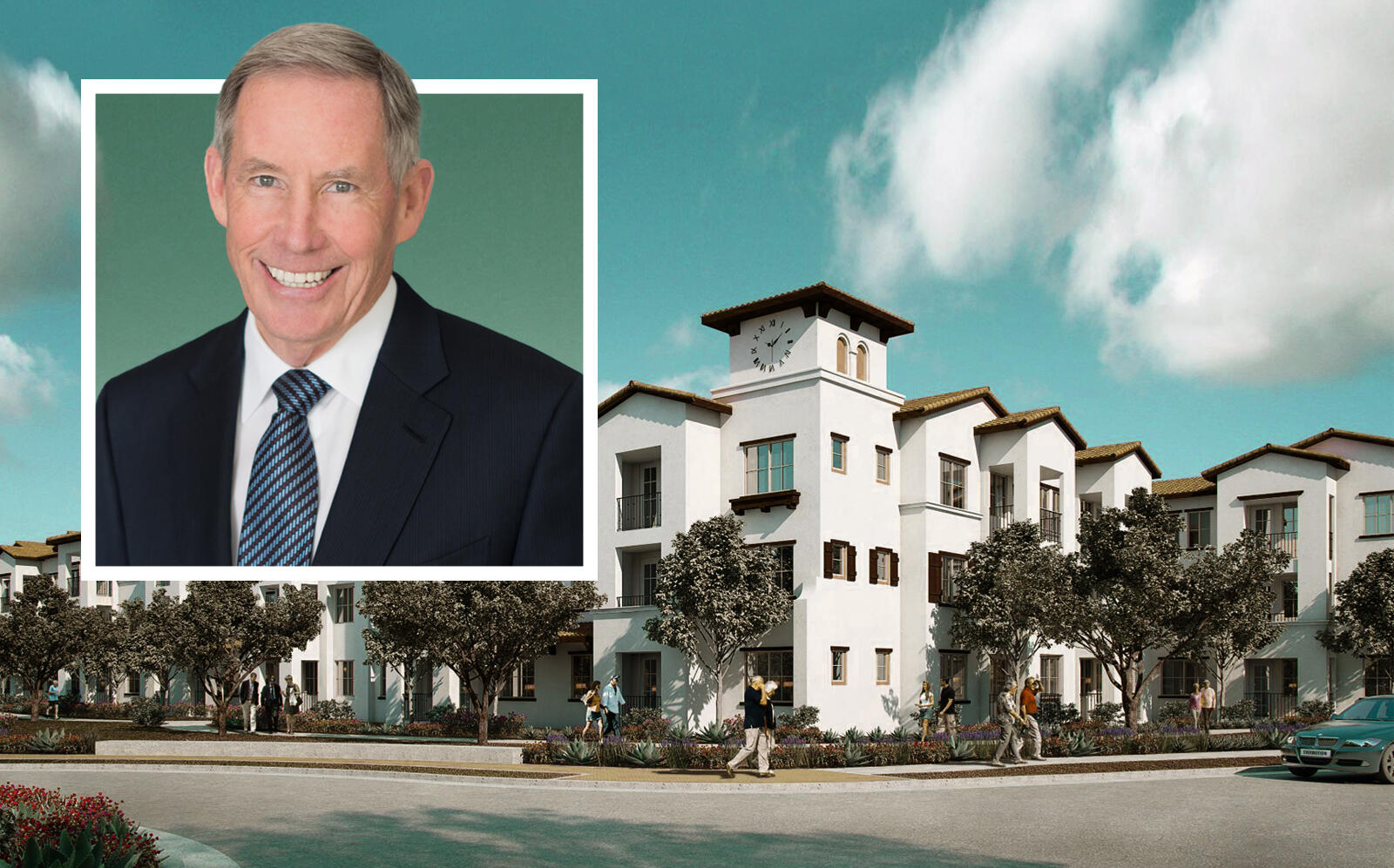 Kennedy Wilson CEO William McMorrow and the Camarillo development rendering (Kennedy Wilson)