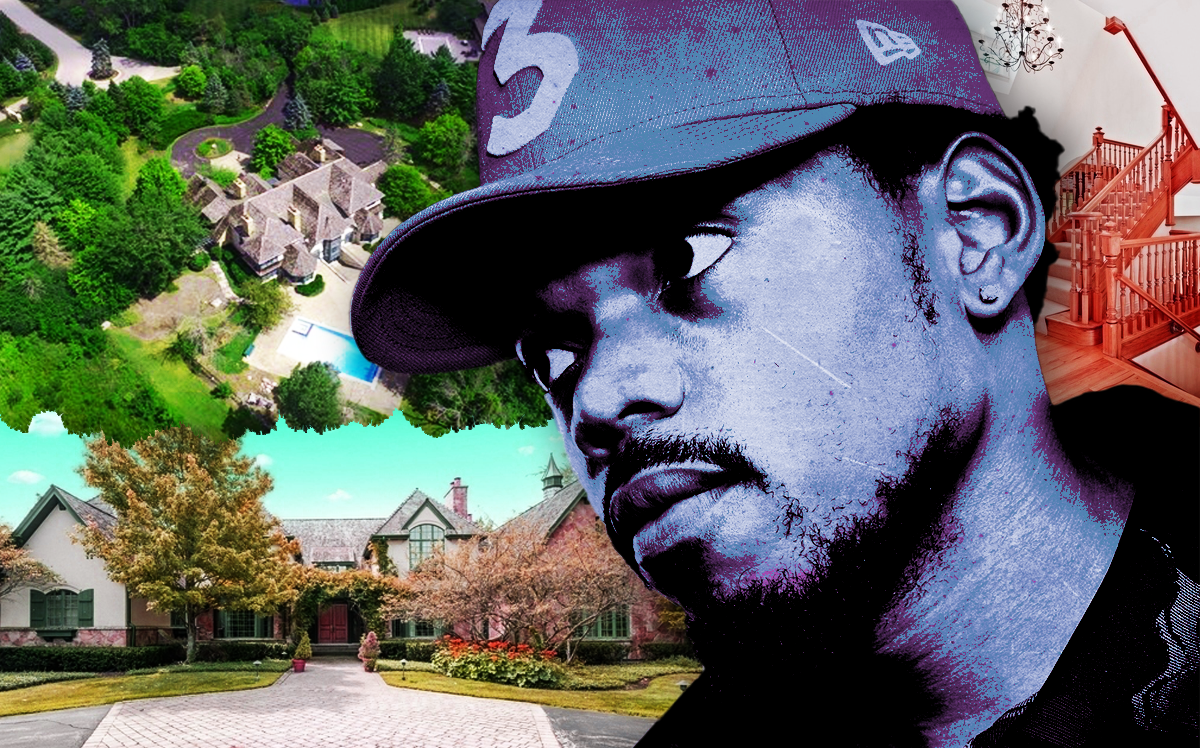 Rapper, singer and record producer Johnathan Bennett, known professionally as Chance the Rapper, and photos of his new Bannockburn mansion (Getty Images, Redfin)