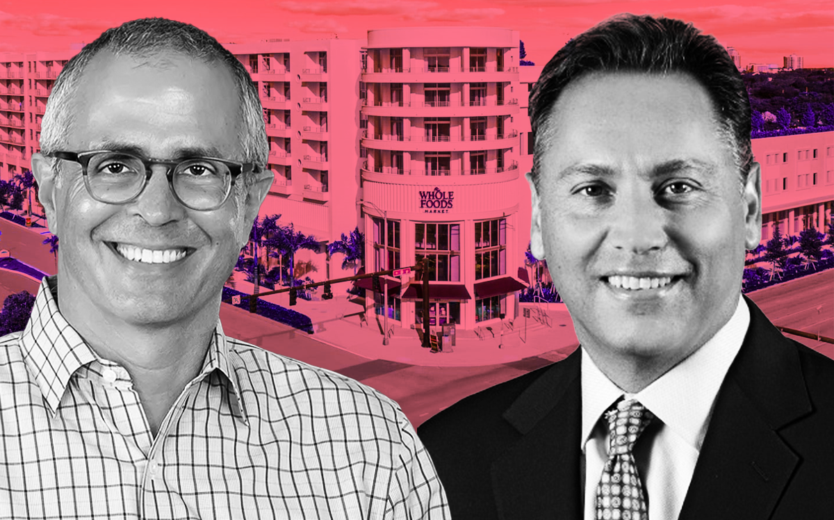 From left: Casey Cummings, chief executive officer, Ram Realty Advisors, and Timothy Naughton, chief executive officer, AvalonBay Communities, in front of 410 Southeast Court in Fort Lauderdale, FL (Ram Realty Advisors, AvalonBay Communities, Apartment Finder)