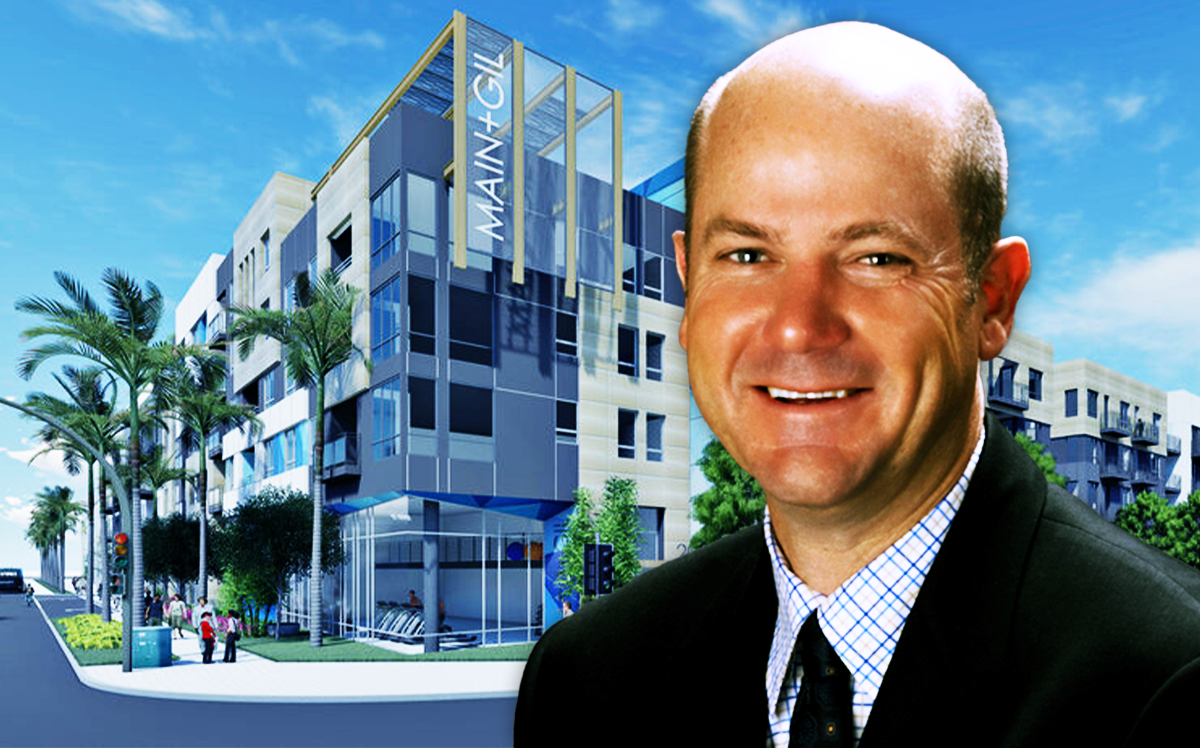 Brad Perozzi, President, Intracorp and a rendering of the 178-unit apartment complex under way at 2055 Main Street, Irvine, CA (Intracorp)