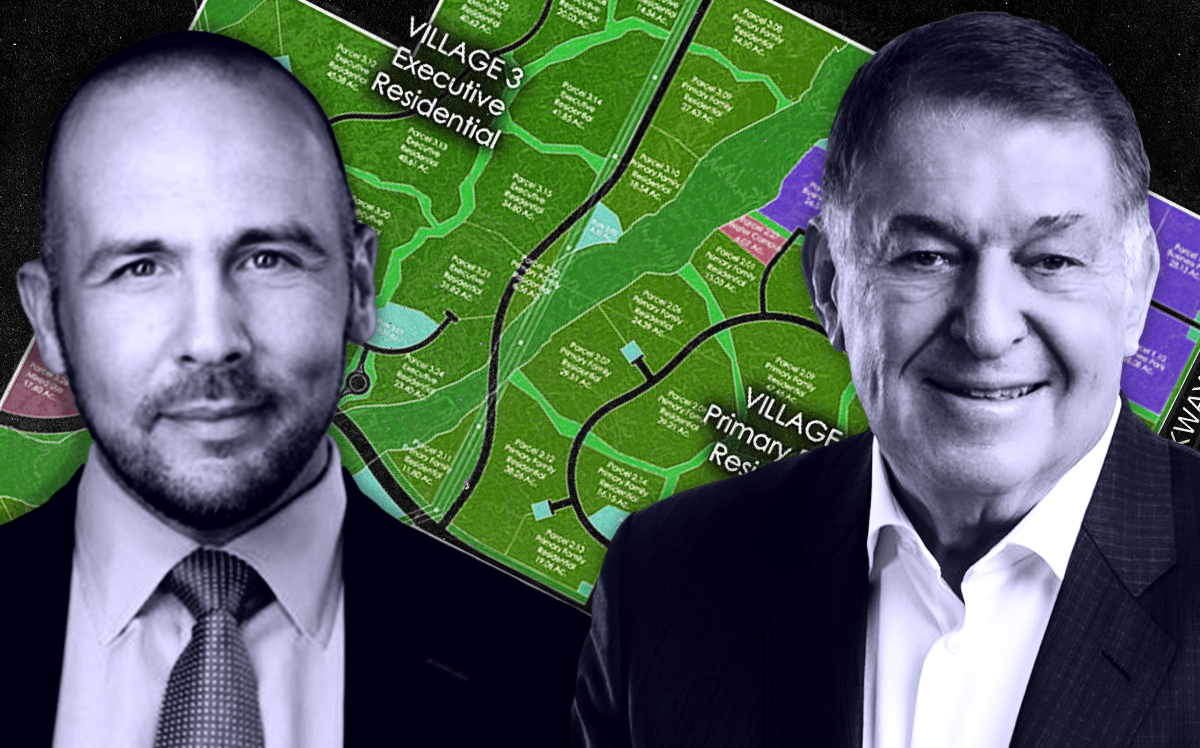 From left: David O'Reilly, CEO, The Howard Hughes Corporation and Jerry Colangelo, Partner JDM Partners, in front of a plan for the nearly 37,000-acre Douglas Ranch (The Howard Hughes Corporation, JDM Partners, iStock)