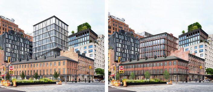 The previous (left) and current proposal at 44-54 Ninth Avenue and 351-355 West 14th Street (Renderings via BKSK)