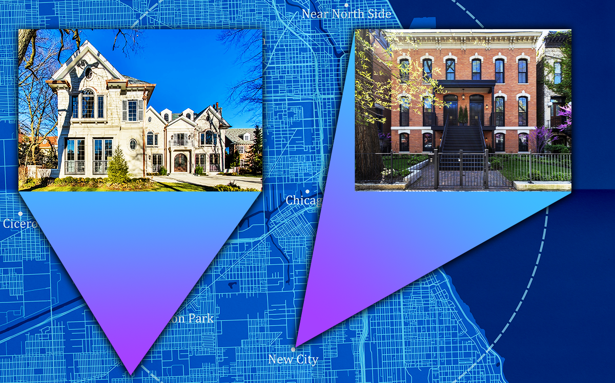 From left: Seven-bedroom Kenilworth mansion 233 Sheridan Road; 7,000-square foot Lincoln Park home at 2112 North Sedgwick Street (LoopNet, Apartment Finder, iStock)