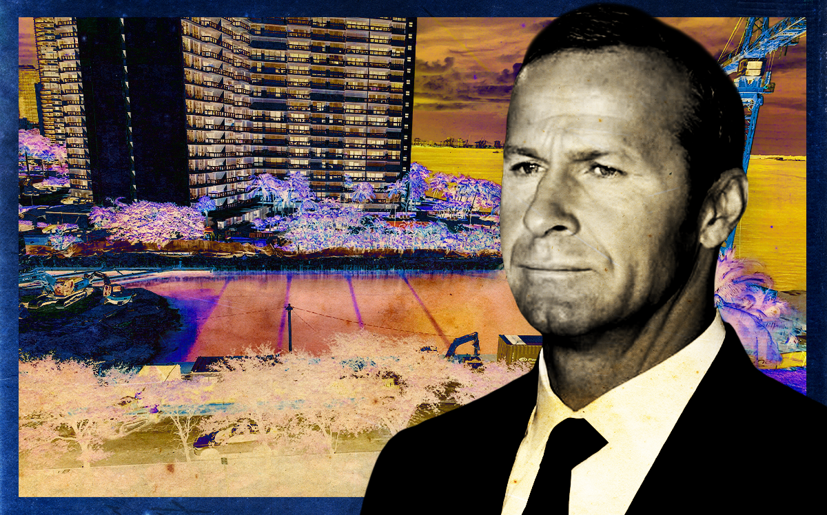 OKO Group CEO Vlad Doronin in front of the Una Residences construction site (Courtesy of Annette-Lopez Munoz, Getty Images/Illustration by Steven Dilakian for The Real Deal)