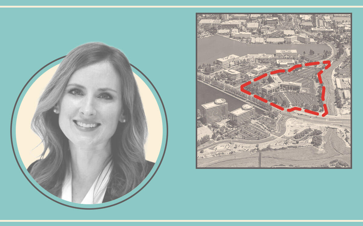 Tracy Murphy, president of IQHQ, and an aerial photo that includes a 15-acre Redwood City site IQHQ acquired from Oracle for $164 million, outlined in red (Julie Belanger of The 111th Aerial Photography, iqhqreit.com)