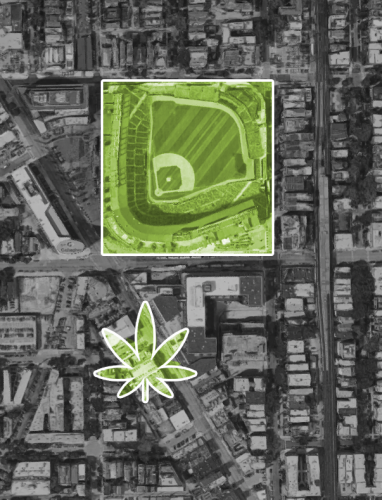 An aerial showing the dispensary's location in relation to Wrigley Field (Google Maps)