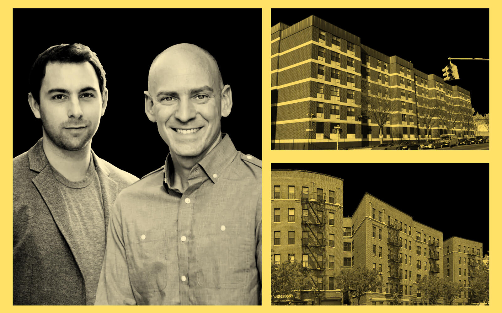Camber Property Group's Andrew Moelis and Rick Gropper with 2060 Pitkin Avenue in Brooklyn and 1971 and 1975 Grand Avenue in the Bronx (Photos via Camber Property Group, Omni New York)