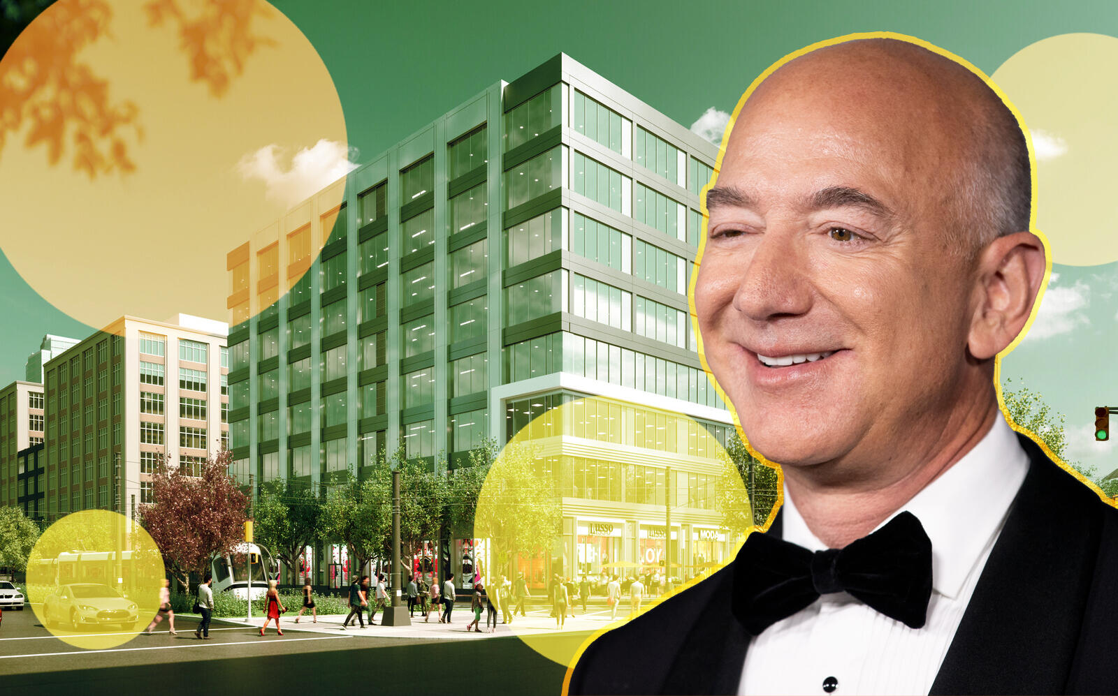 Jeff Bezos and the Jersey City office property (LoopNet, Getty)