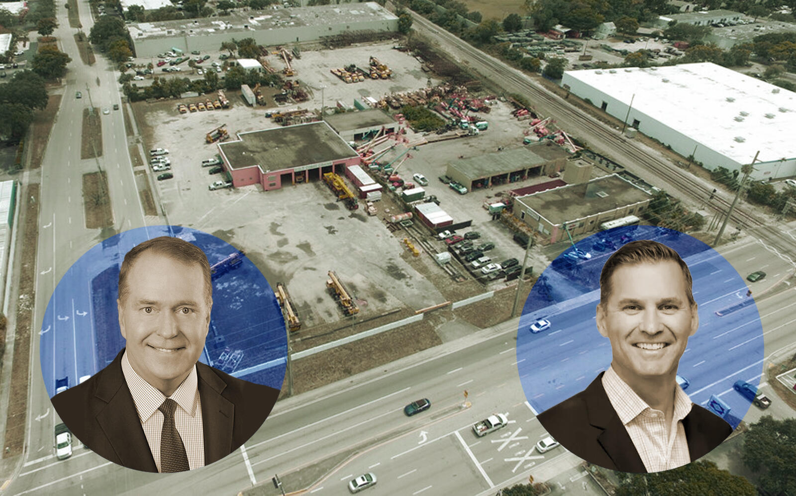Clarion Partners CEO David Gilbert and Cadence Partners managing partner Todd Watson with their Hollywood industrial property (Rich Commercial Group, Clarion, Cadence)