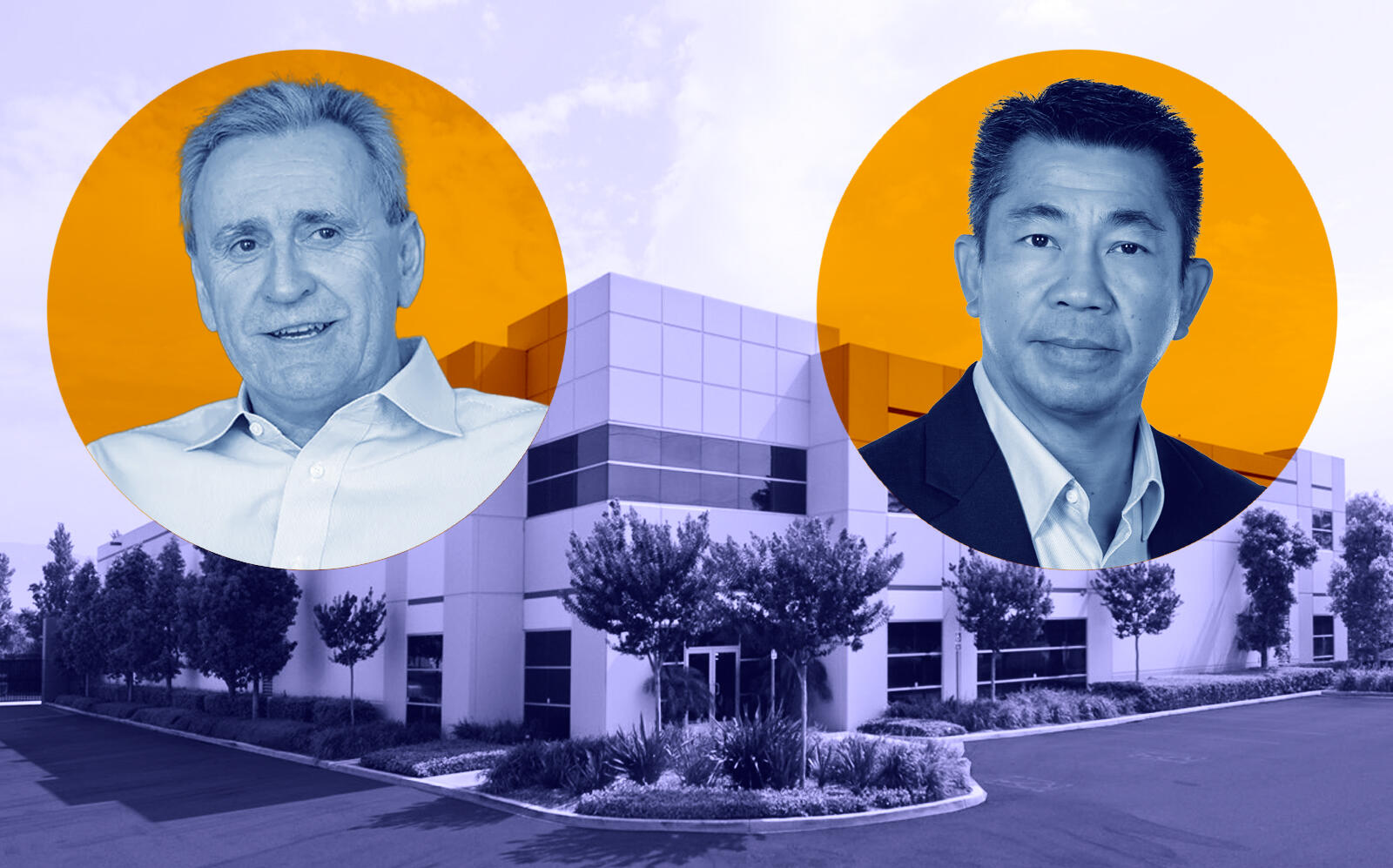 Shea Properties CEO Colm Macken and Newegg CEO Anthony Chow with the property (Newegg, Shea)