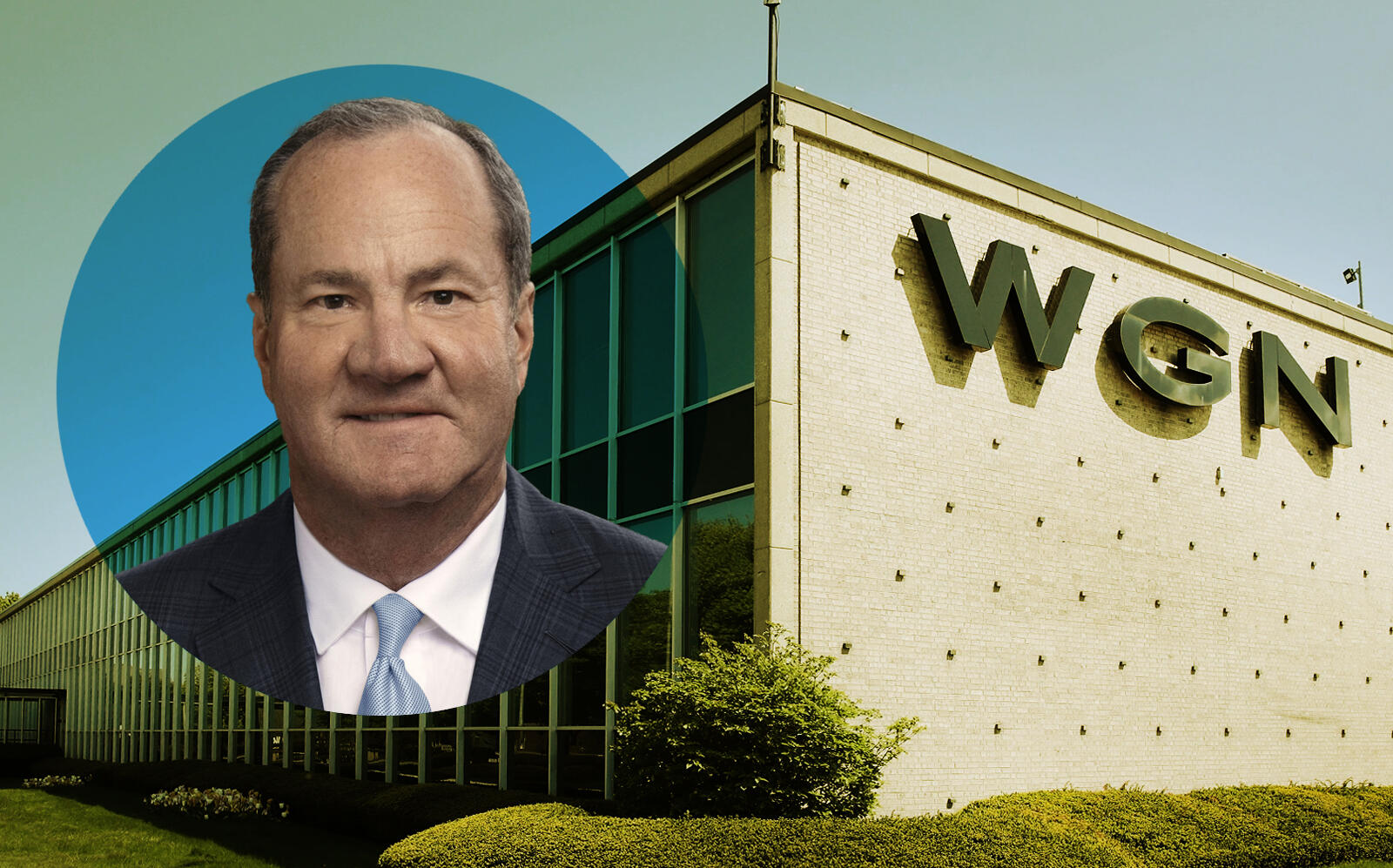 The WGN-TV building and Hines CEO Jeffrey Hines (WGN-TV, Hines)