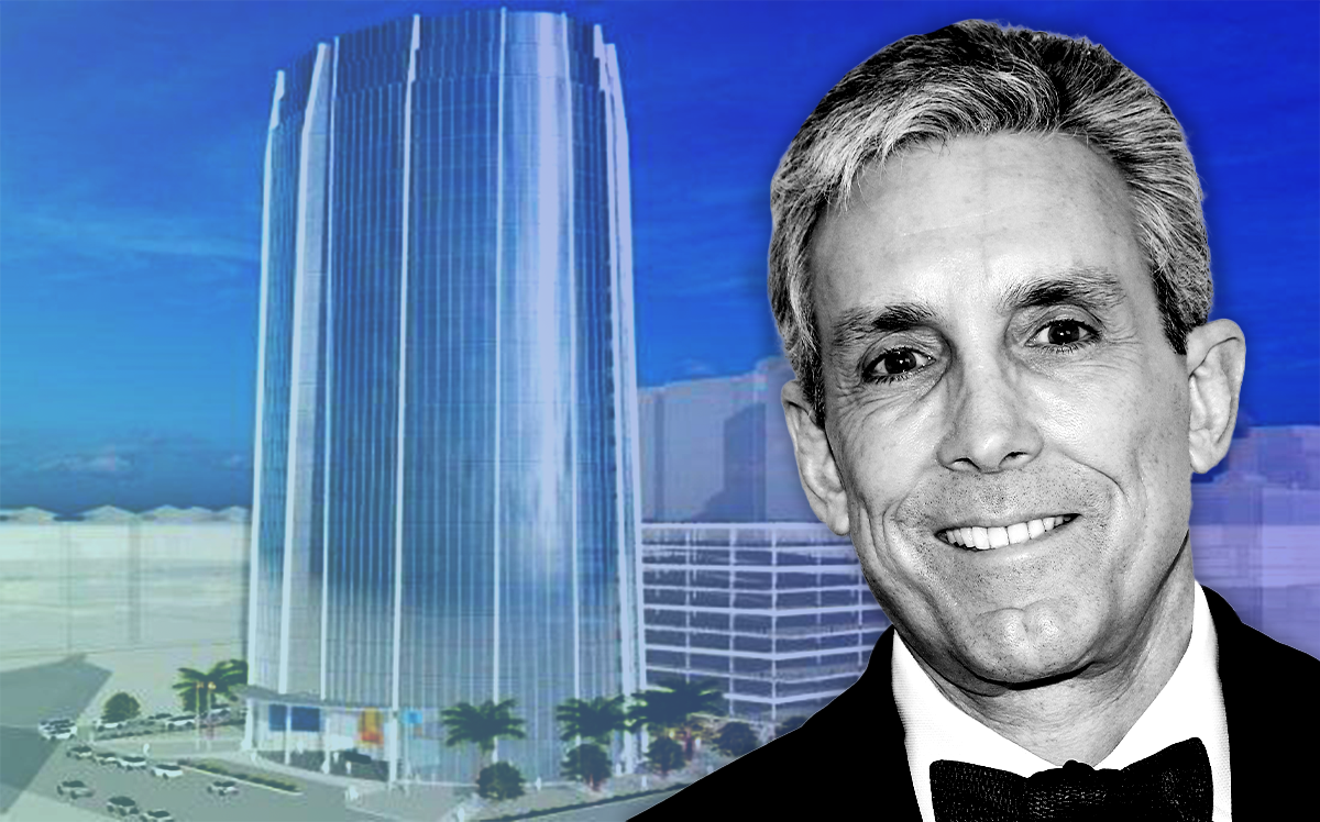 Charles Cohen, billionaire real estate developer and film producer, in front of a rendering of his planned West Palm Point office (Getty Images, Cohen Brothers)