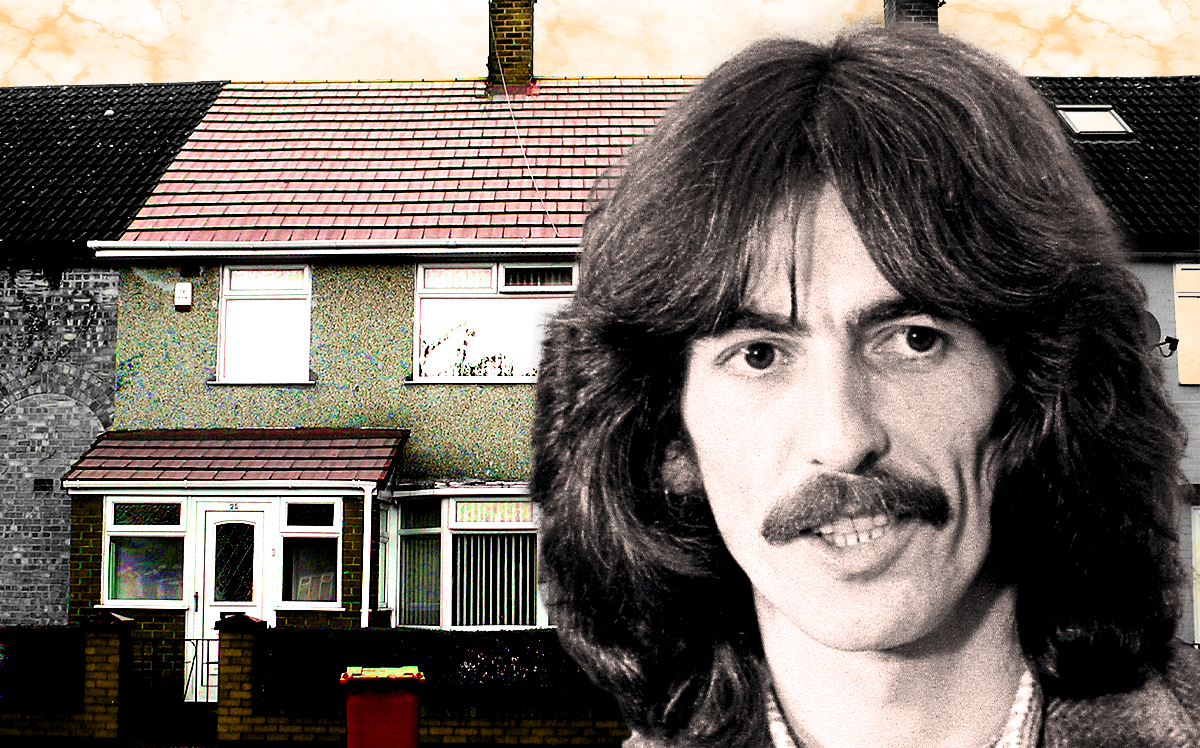 George Harrison, the late English musician, singer-songwriter, and music and film producer, in front of 25 Upton Green in Speke, a suburb of Liverpool (Wikipedia/David Hume Kennerly, Wikimedia Commons/Lipinski)