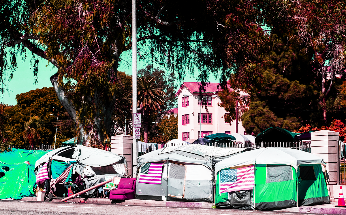 The homeless encampment outside the West L.A. Veterans Affairs facilities (depicted above) has been cleared as unhoused veterans will become part of a "tiny-home" village in the campus (Getty Images)