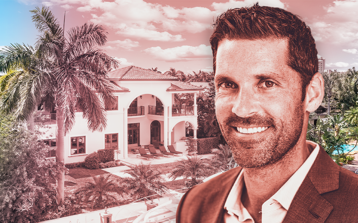Compass broker Chad Carroll in front of 631 Hibiscus Drive (Compass/Illustration by Steven Dilakian for The Real Deal)