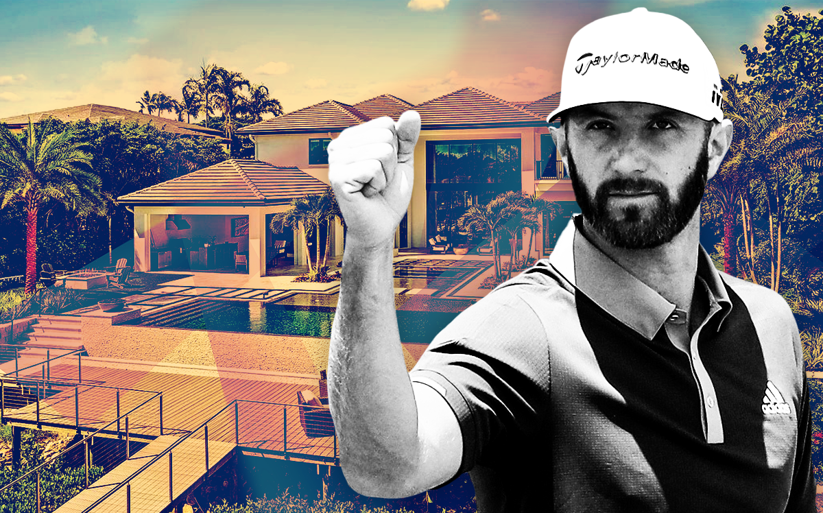 Dustin Johnson, professional golfer, in front of 389 Eagle Drive (Getty Images, Redfin)