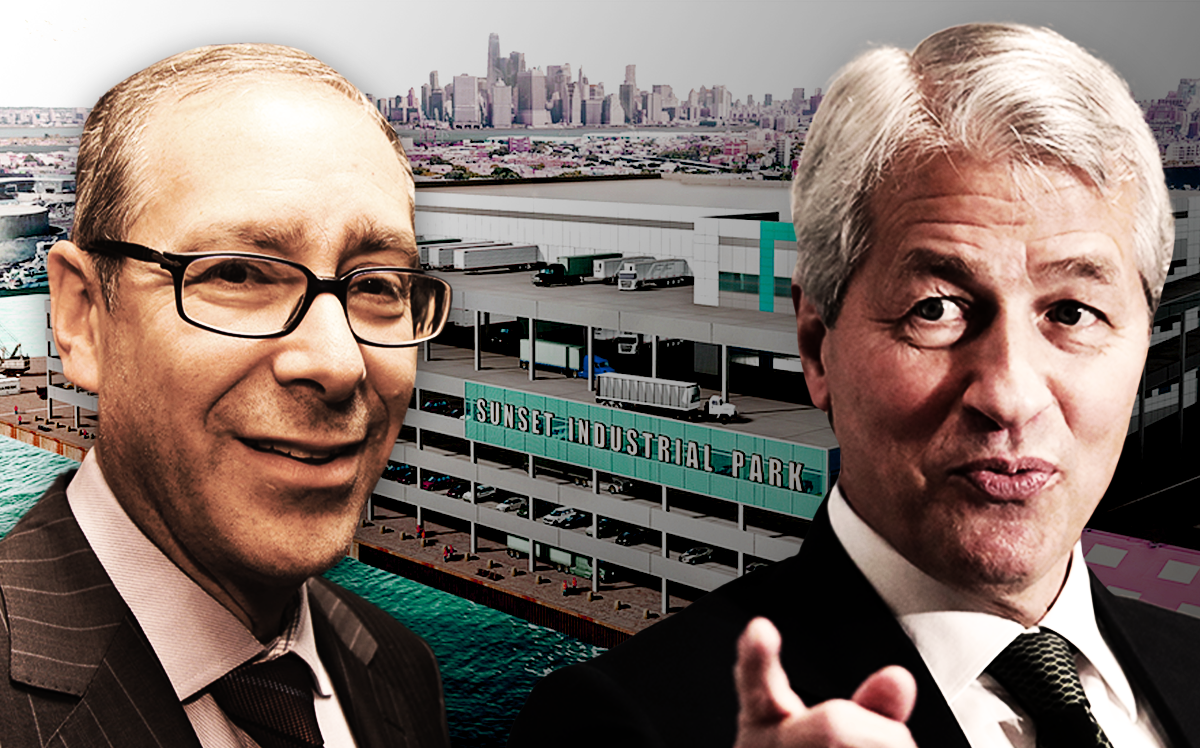 From left: Dov Hertz and Jamie Dimon in front of a rendering of DH Property Holdings' Sunset Park warehouse project (Getty Images, DH Property Holdings, iStock)