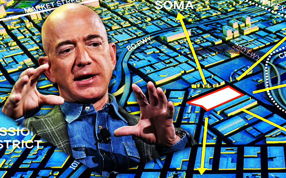 Jeff Bezos, founder and executive chairman, Amazon, in front of the proposed Amazon delivery center at 900 7th Street (Amazon, Getty Images, iStock)