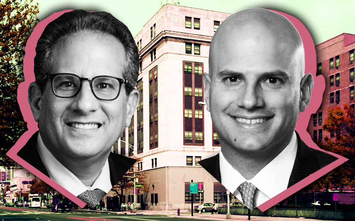 From left: Jeffrey Goldberg, chief executive officer, Fairstead and Brett Meringoff, managing partner of development, Fairstead in front of Essex Plaza One at 1060 Broad Street in Newark, NJ (Fairstead, ApartmentFinder)
