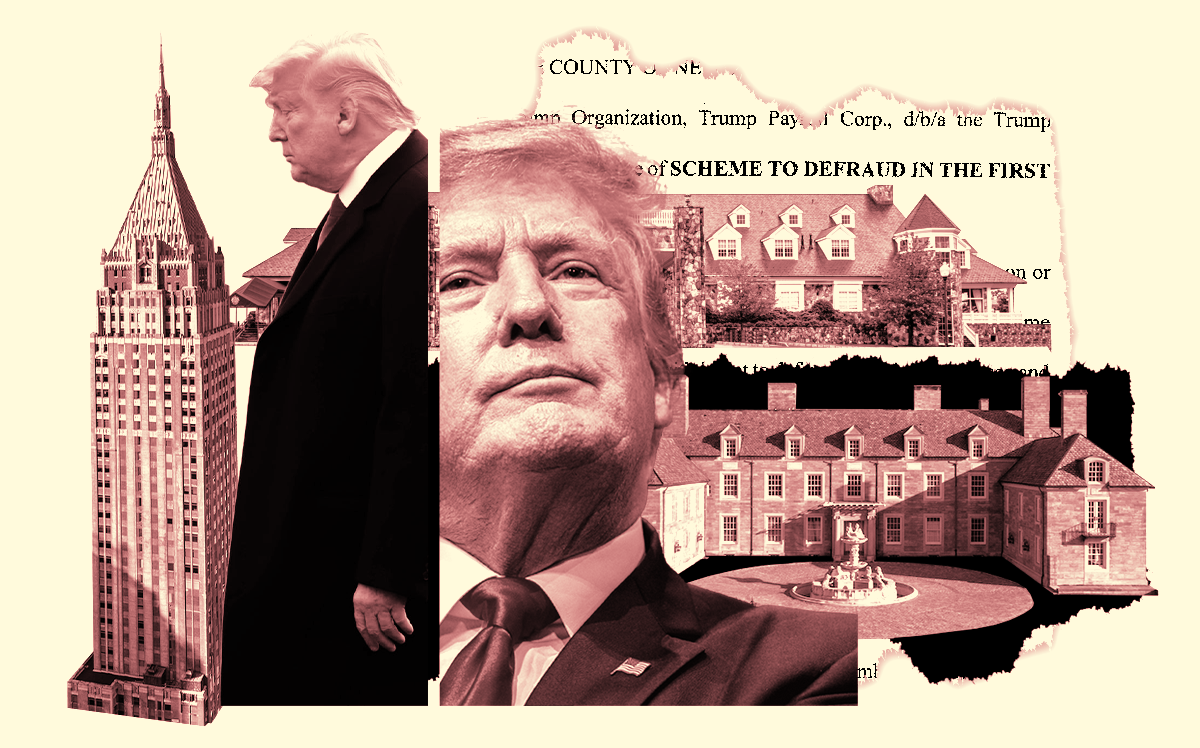 Donald Trump and his properties at 40 Wall Street, Trump National Golf Club Westchester and his Seven Springs Estate (Trump Organization, 40WallStreet.com, Getty Images/Illustration by Steven Dilakian for The Real Deal)