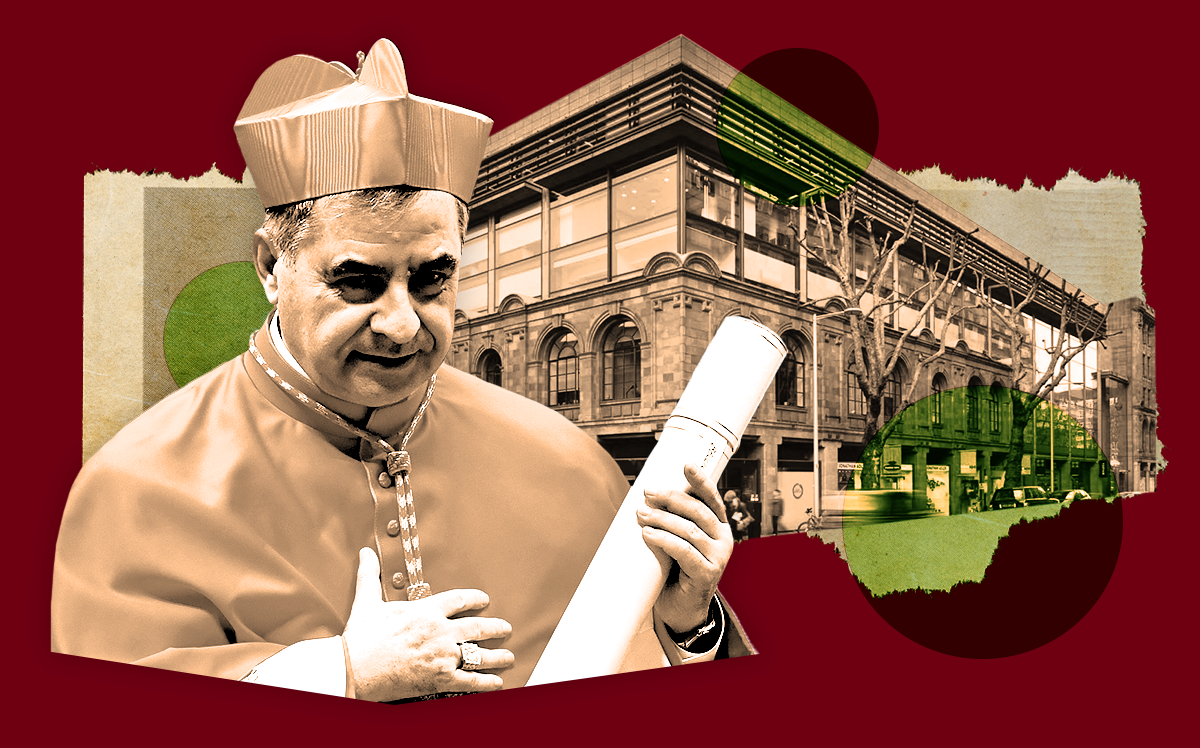 Cardinal Angelo Becciu in front of 60 Sloane Avenue in London (Getty Images, The Chelsea Society, Photo Illustration by Steven Dilakian for The Real Deal)