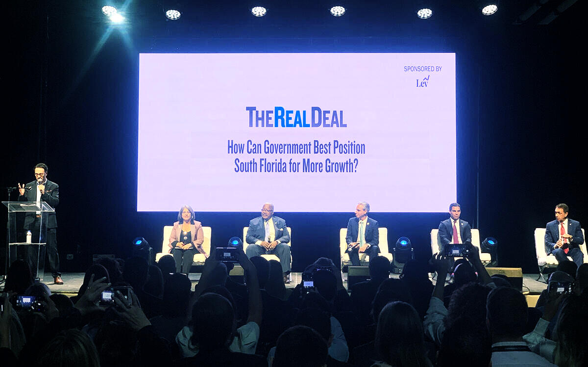 From left: The Real Deal editor-in-chief Stuart Elliott, Miami-Dade County Mayor Daniella Levine Cava, City of West Palm Beach Mayor Keith James, City of Boca Raton Mayor Scott Singer, City of Miami Mayor Francis X. Suarez and City of Fort Lauderdale Mayor Dean Trantalis