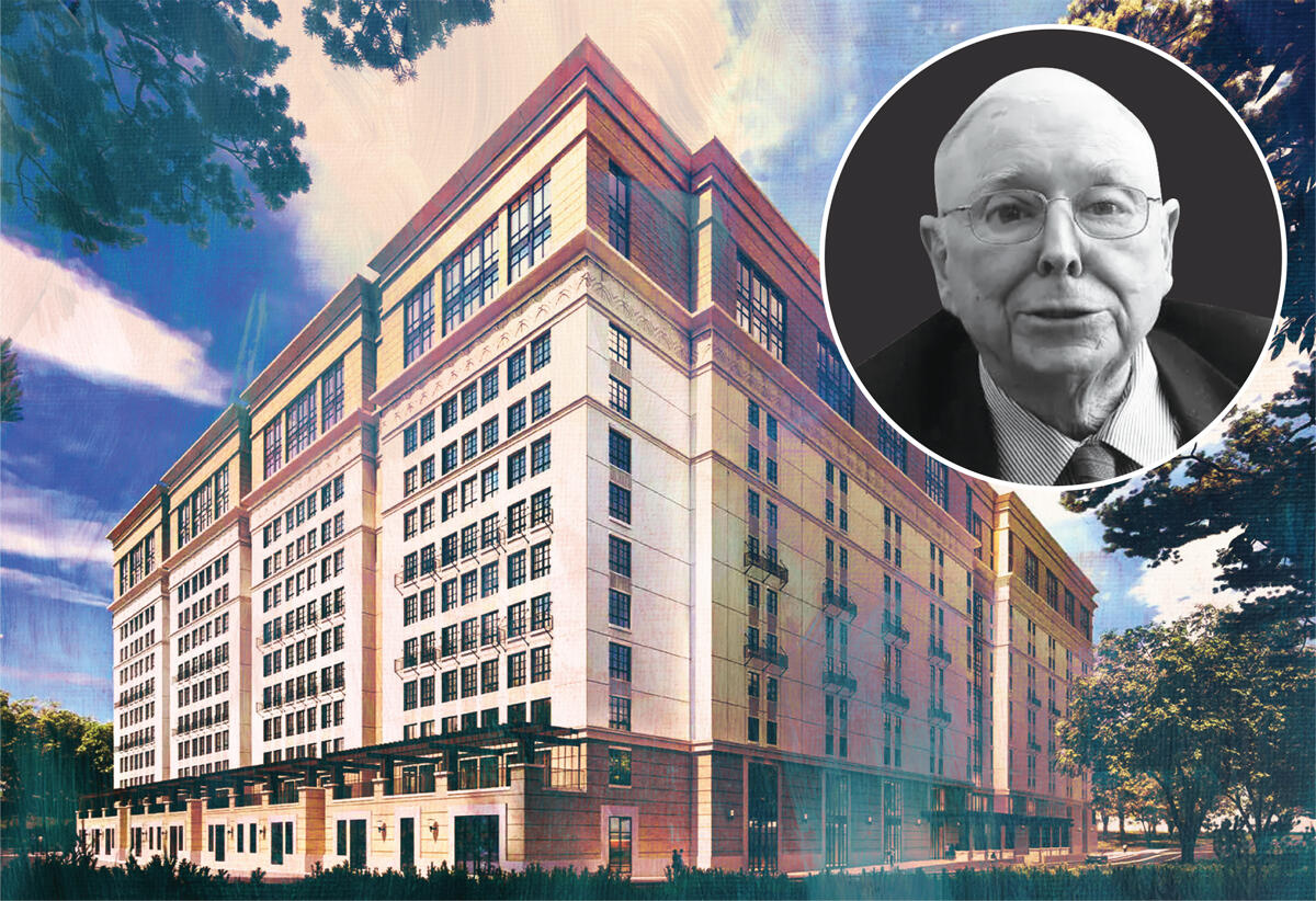 Charlie Munger with a proposed design for Munger Hall, which is projected to cost $1.5 billion. (Van Tilburg, Banvard &amp; Soderbergh, AIA, Scott Morgan/Reuters; Photo illustration by Victoria Tuturice)