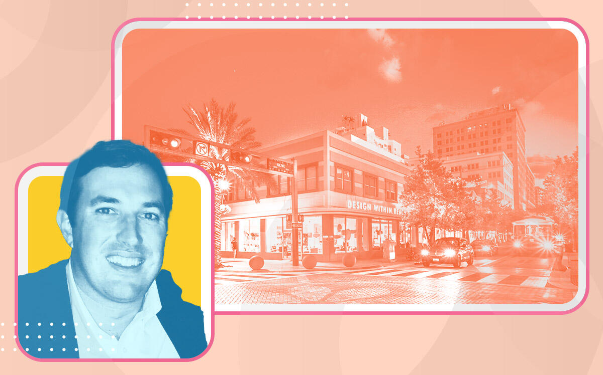 Redfearn Capital co-founder Alexander Redfearn and 222 Clematis Street in West Palm Beach (Cushman &amp; Wakefield)