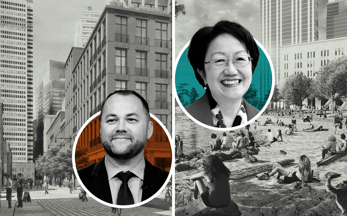 City Counselor Corey Johnson &amp; Margaret Chin with renders of 250 Water Street &amp; River Ring (Getty Images, margaretchin.nyc, seaportvision.nyc, riverring.nyc)