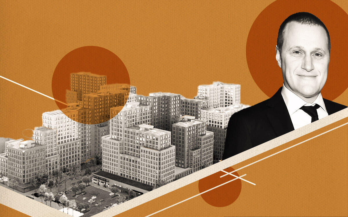 Tishman Speyer president Rob Speyer and Edgemere Commons (Getty, Illustration by Kevin Cifuentes for The Real Deal)