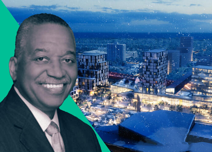 Rev. Byron Brazier and a rendering of the Woodlawn Central development (Summit 19, Woodlawn Central Developers)