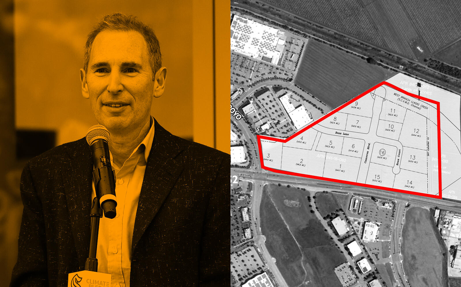 Amazon CEO Andy Jassy and the site at 1445 Pacheco Pass Highway (Getty, Colliers)