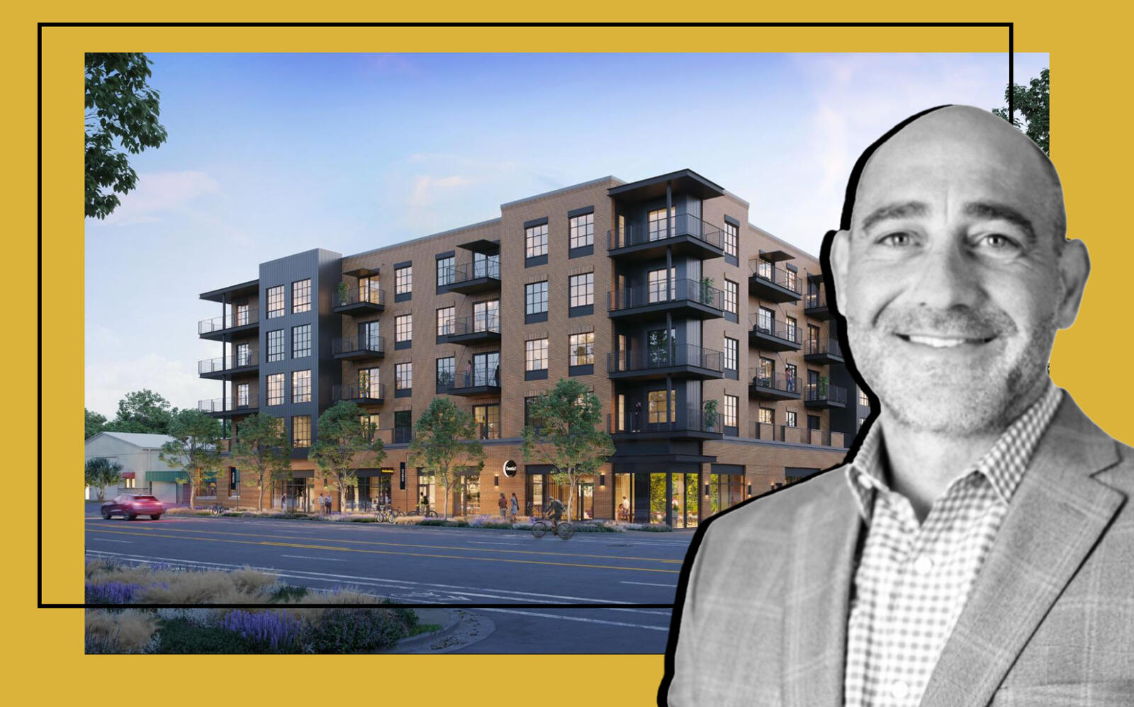 Intracorp Texas president Brad Stein and a rendering of Congress Lofts at St. Elmo (Rendering via Giant Noise/Pappageorge Haymes, Intracorp)