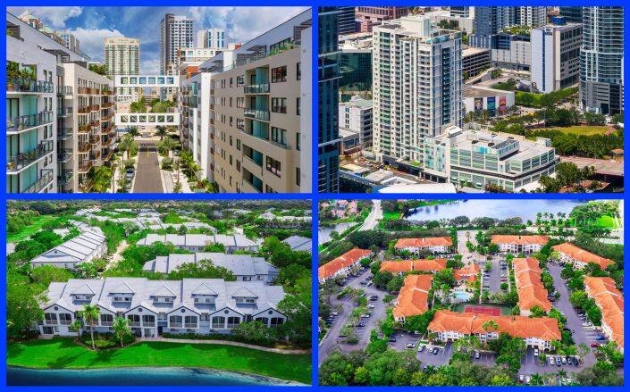 Clockwise from top left: Las Olas Walk at 106 South Federal Highway in Fort Lauderdale, Four West Las Olas at Four West Las Olas Boulevard in Fort Lauderdale, Colonnade Residences at 1640 Northwest 128th Drive in Sunrise and San Michele at 1343 St Tropez Circle in Weston (Photos via Grant Cardone Enterprises)