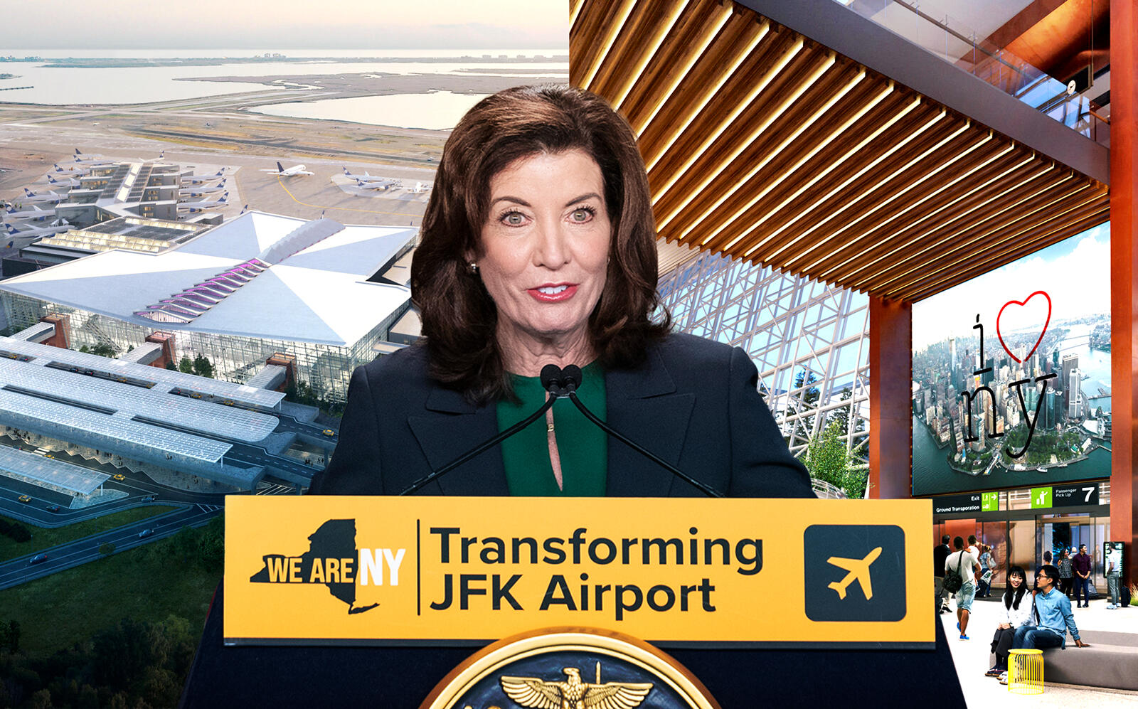 Gov. Kathy Hochul and renderings of the Terminal 1 project at John F. Kennedy International Airport (Getty, PANYNJ)