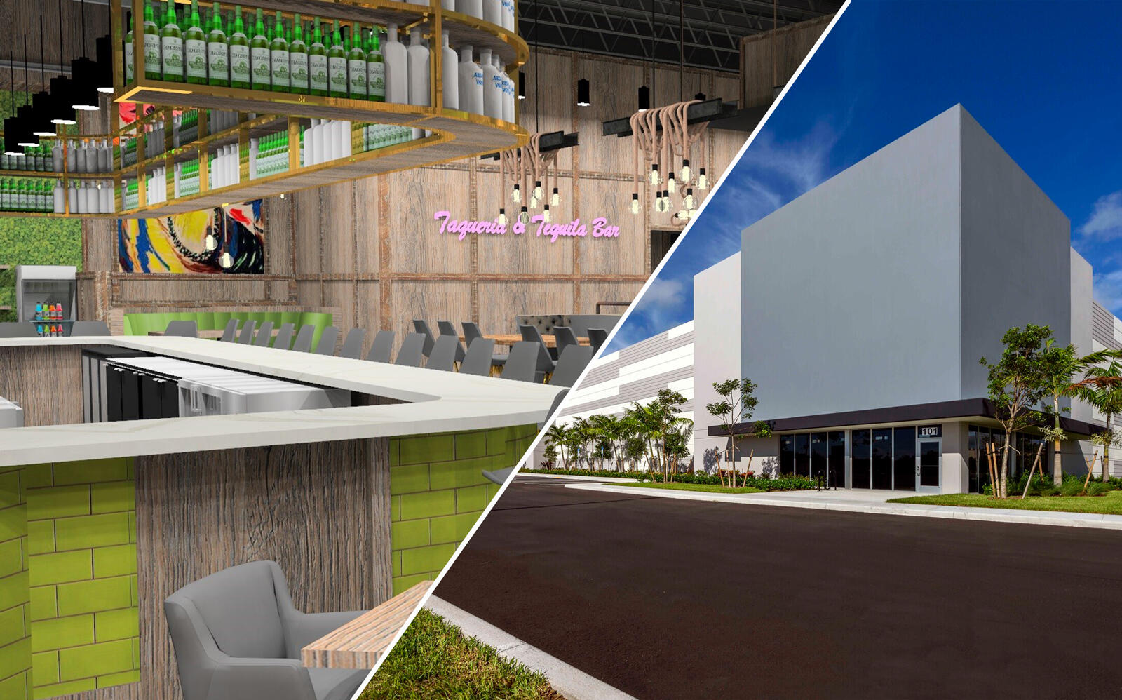 Renderings of the Tacocraft Taqueria & Tequila Bar and the Cypress Pointe Distribution Center in Pompano Beach (Tacocraft, Cushman & Wakefield)