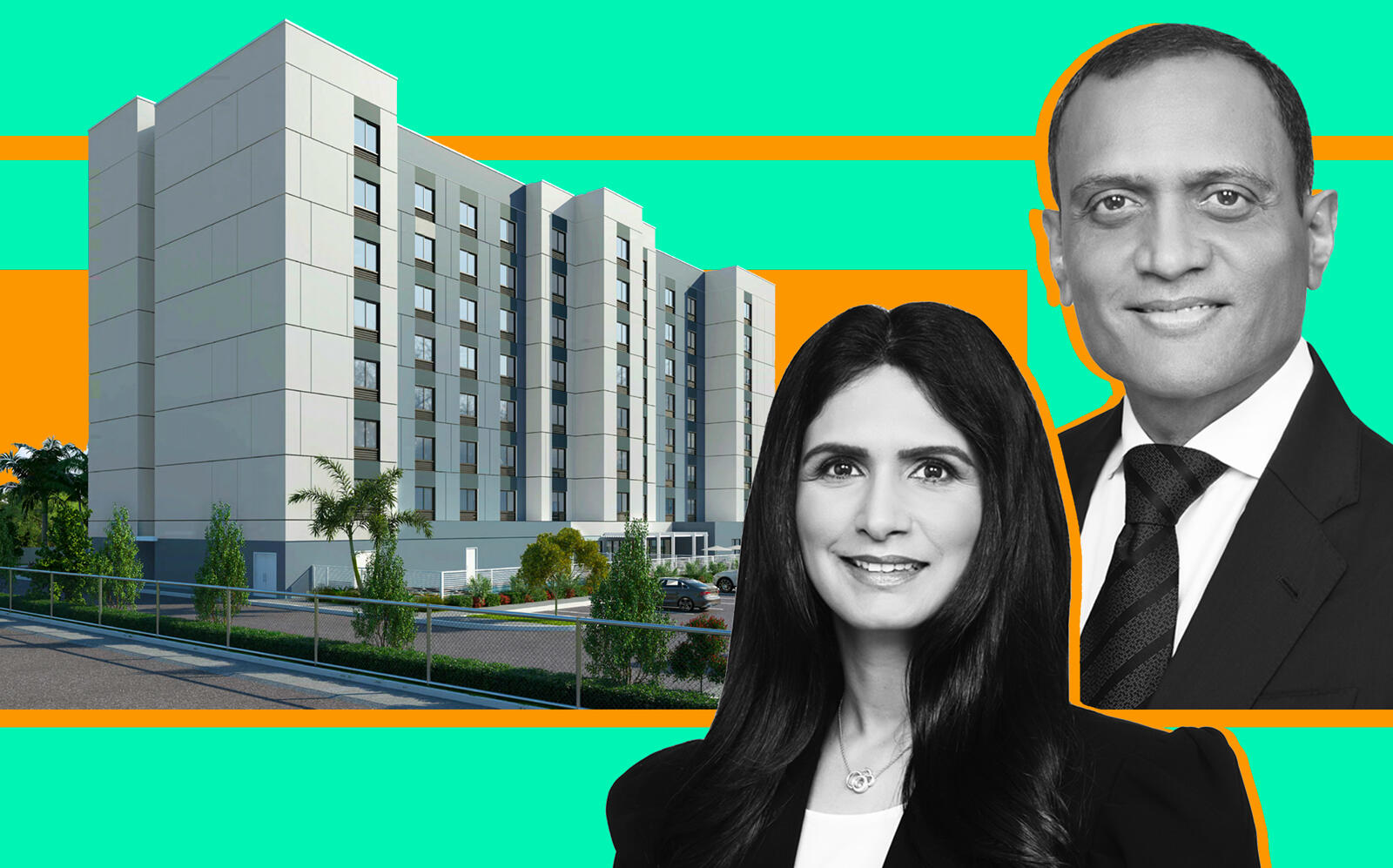 Sadhana and Sanjaykumar Patel of Luckey’s Management with a rendering of the 172-room hotel development in Fort Lauderdale (Luckey's Management/George White Architect)